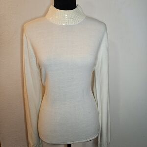 Karen Scott Cream Sequin Mock-Neck Sweater